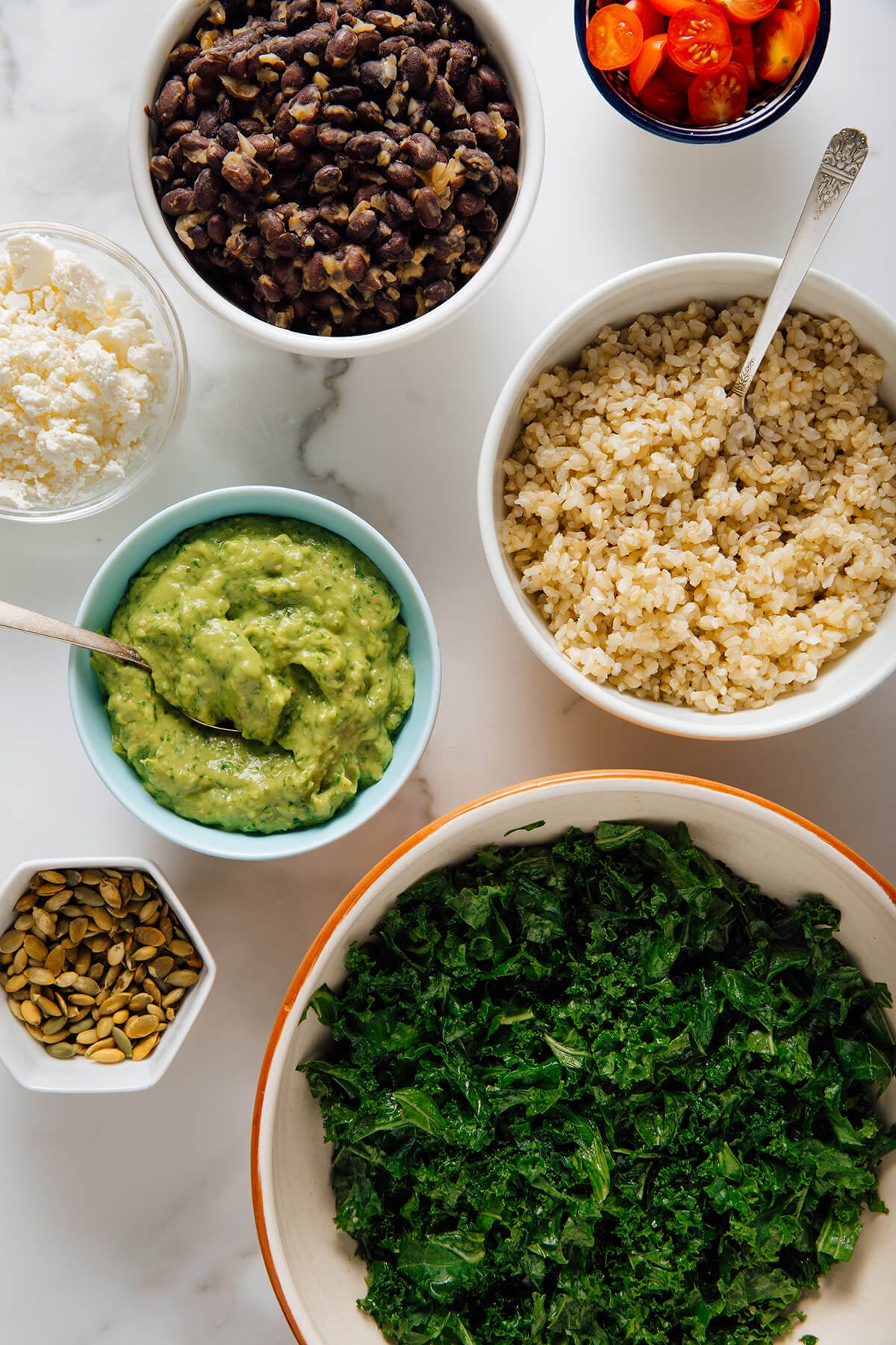 kale burrito bowl components before assembly