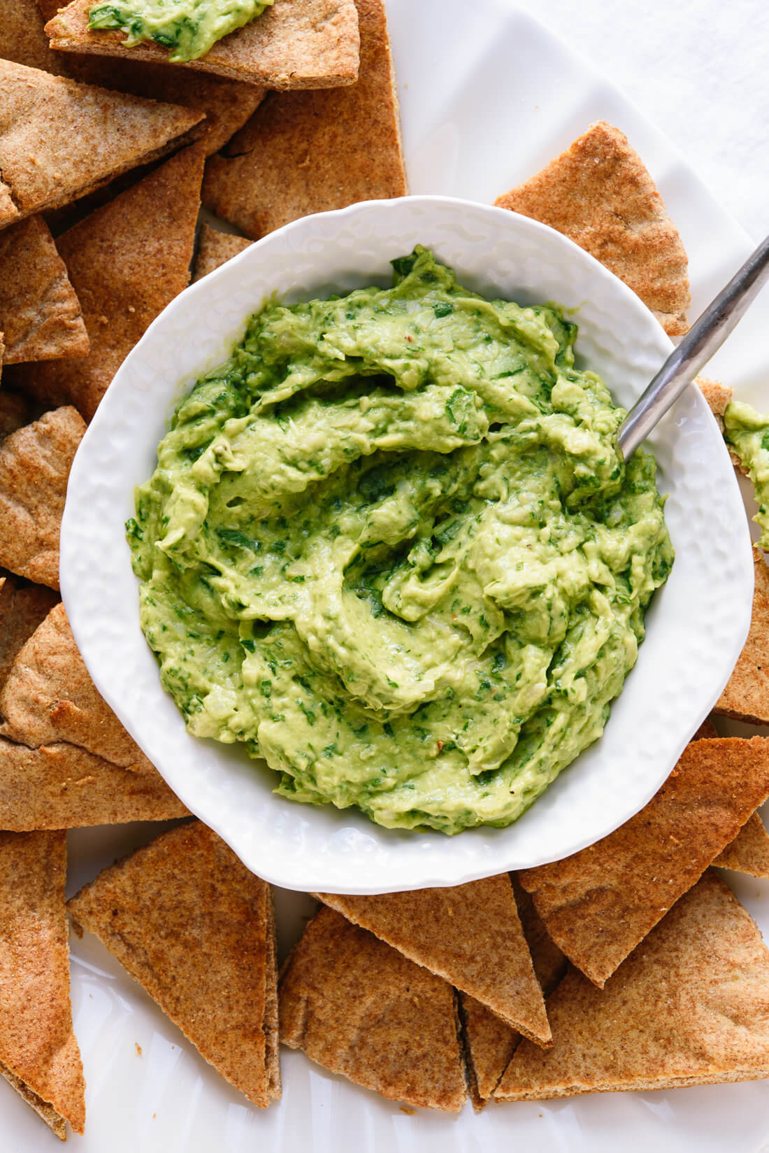 Avocado, Spinach and Artichoke Dip with Toasted Pita Wedges