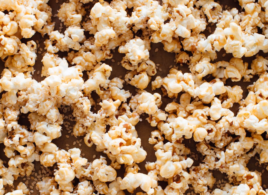 close-up sesame popcorn recipe before baking