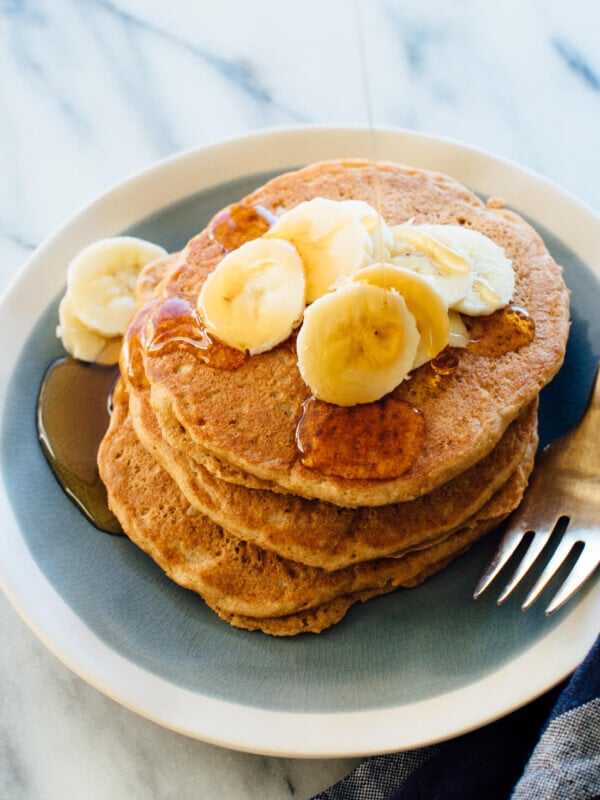 Seriously delicious 100% wheat pancakes recipe! They're naturally sweetened with maple syrup, too.